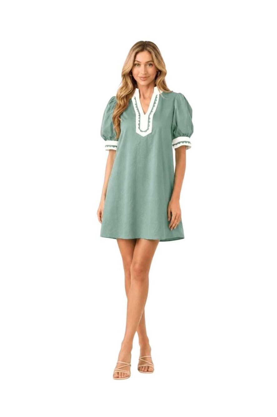 Dokotoo NWT Green Puff Sleeve Scallop Contrast Trim Mini Tunic Dress M